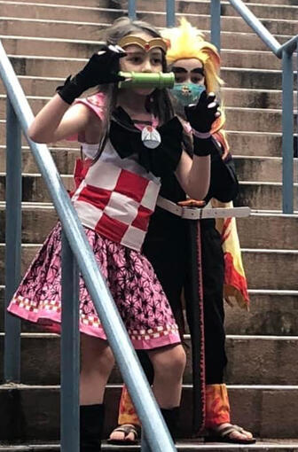 The kids as Sailor Nezuko and Rengoku from Demon Slayer 2021