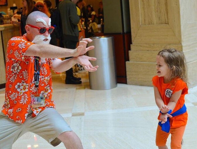 Benjamin as Master Ryoshi and D as tiny Goku. DBZ. 2015 or 2016.